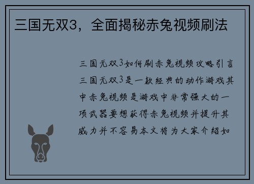 三国无双3，全面揭秘赤兔视频刷法